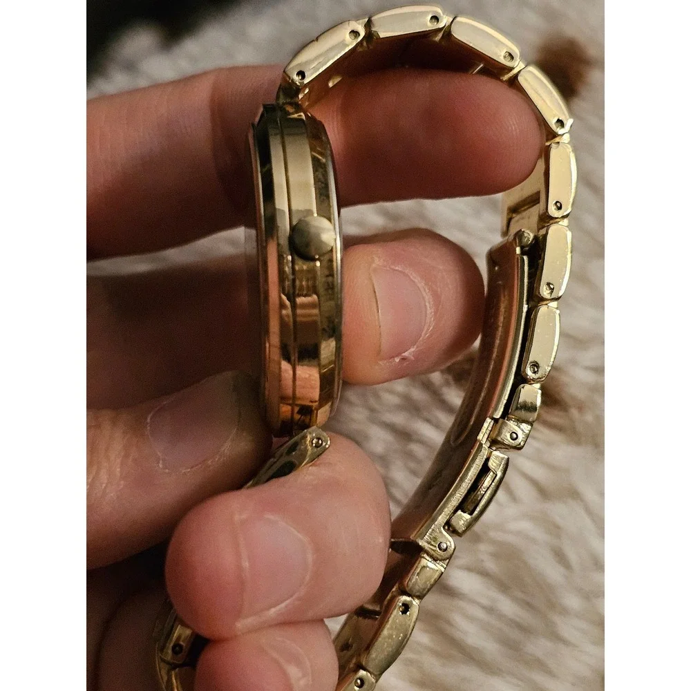 Nine West Womens Gold Tone Watch Black Dial Rhinestone NW/2192 Y121F
